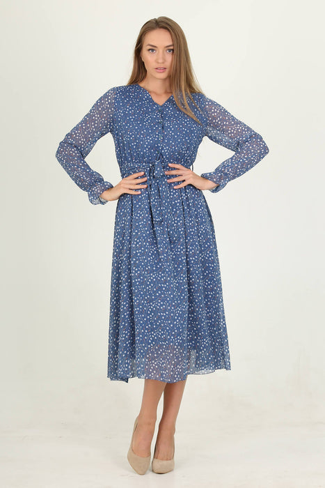 Blue Midi Dress – Elegant Long-Sleeve with Belted Waist - Samanta Factory