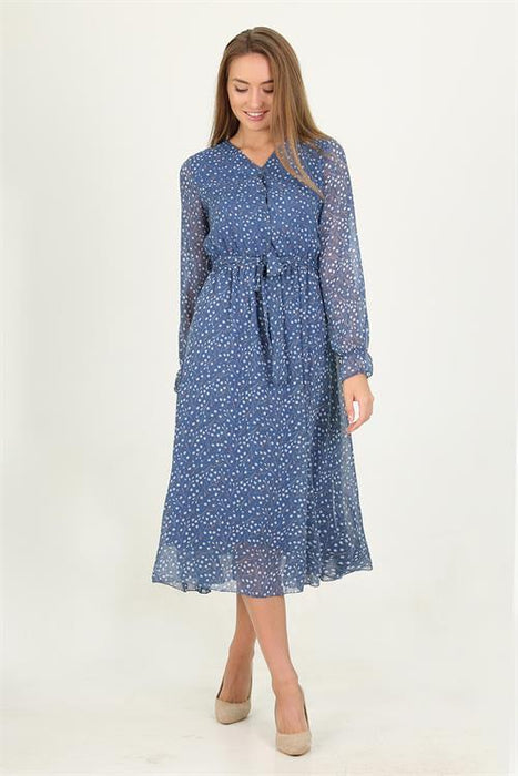 Blue Midi Dress – Elegant Long-Sleeve with Belted Waist - Samanta Factory