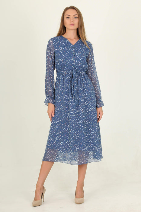 Blue Midi Dress – Elegant Long-Sleeve with Belted Waist - Samanta Factory