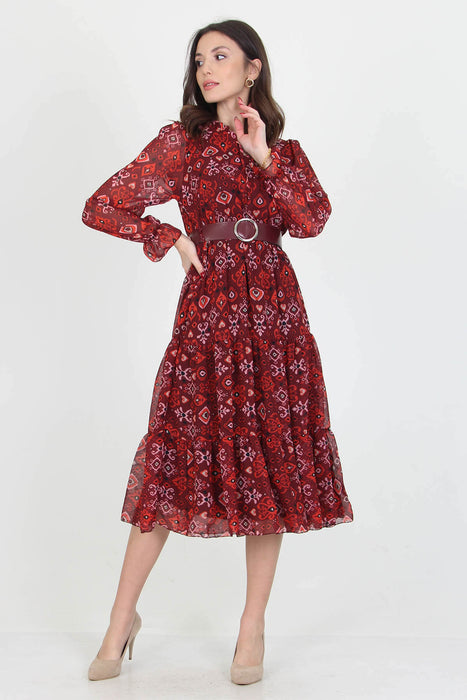 Patterned Chiffon Dress With Belt - Samanta Factory