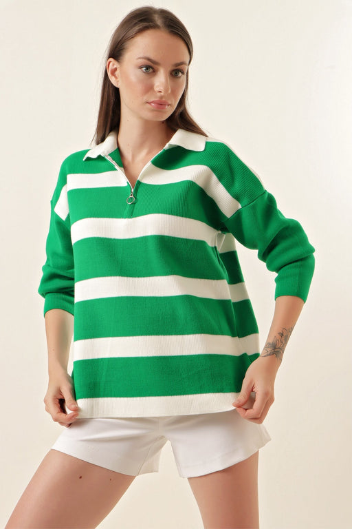 Green striped Breton sweater for women