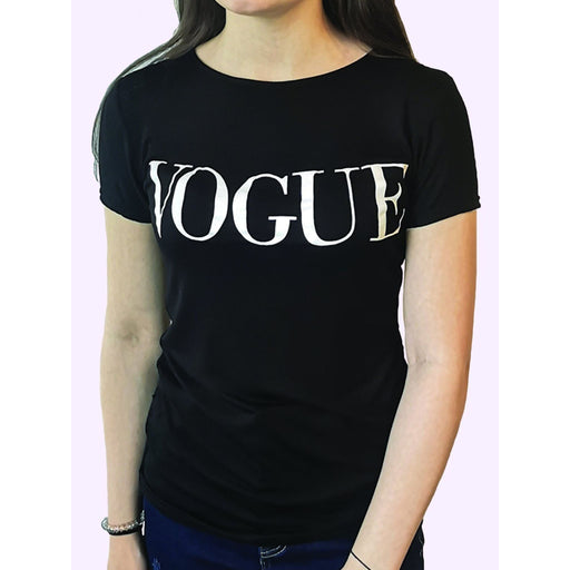 Woman wearing a black Vogue T-shirt with a relaxed fit and silky drape


