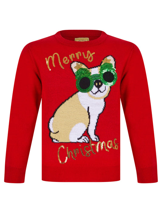 Kids Girls Christmas Jumper Glasses Dog Novelty Sequinned Xmas Sweater Pullover