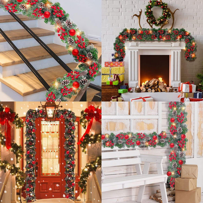 9Ft Christmas Garland Snow Flocked with Lights Pinecones Berries Wreath Bushy