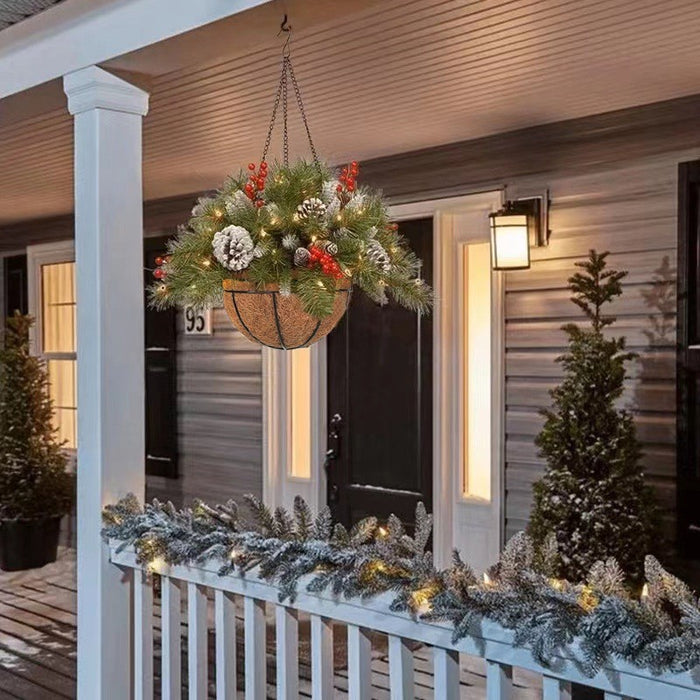Pre-Lit Artificial Plants Hanging Basket Decorated with Berry Frosted Pine Cones