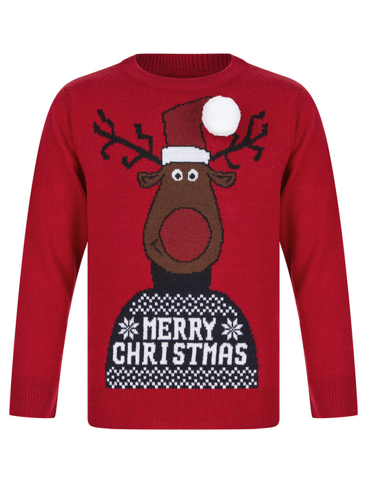 Kids boys Christmas jumper with 3D pom-pom reindeer design and ‘Merry Christmas’ slogan