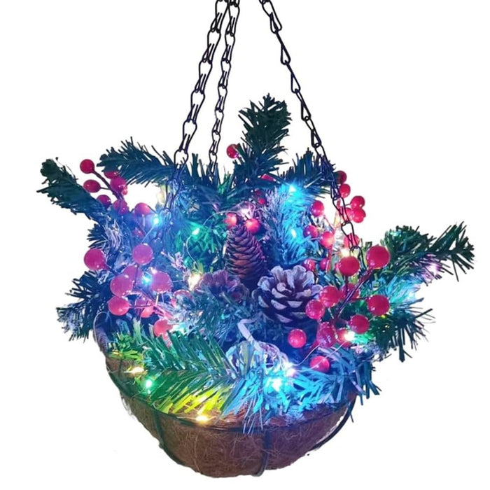 Pre-Lit Artificial Christmas Hanging Basket - Flocked with Mixed Decorations UK