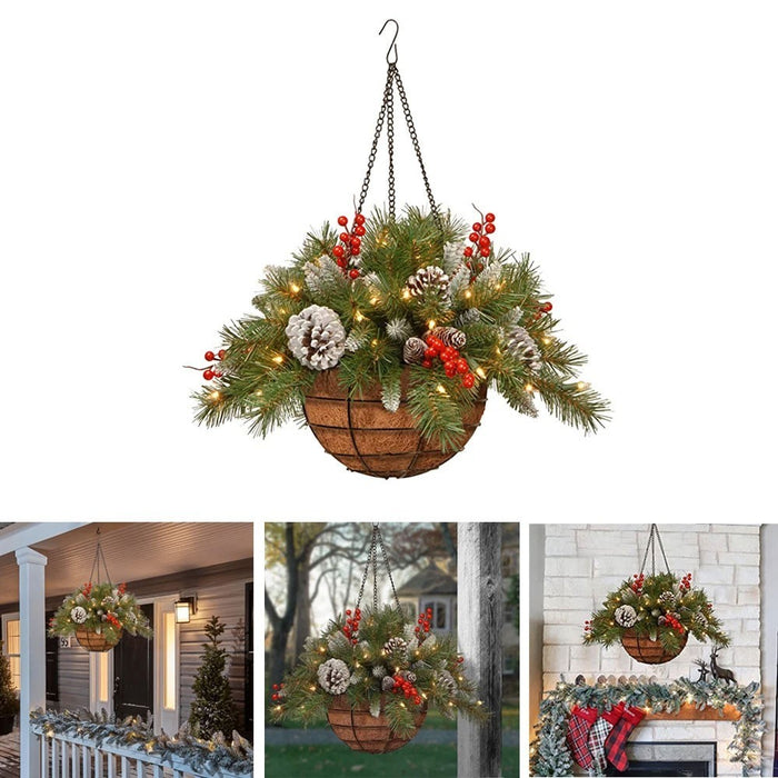 Pre-Lit Artificial Christmas Hanging Basket - Flocked with Mixed Decorations UK