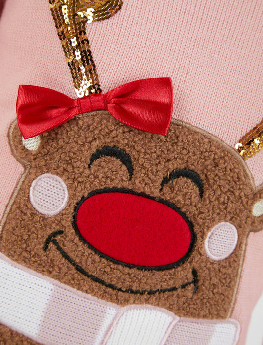 Kid'S Girl'S Christmas Jumper Sequin Reindeer Knitted Xmas Pullover Sweater Top