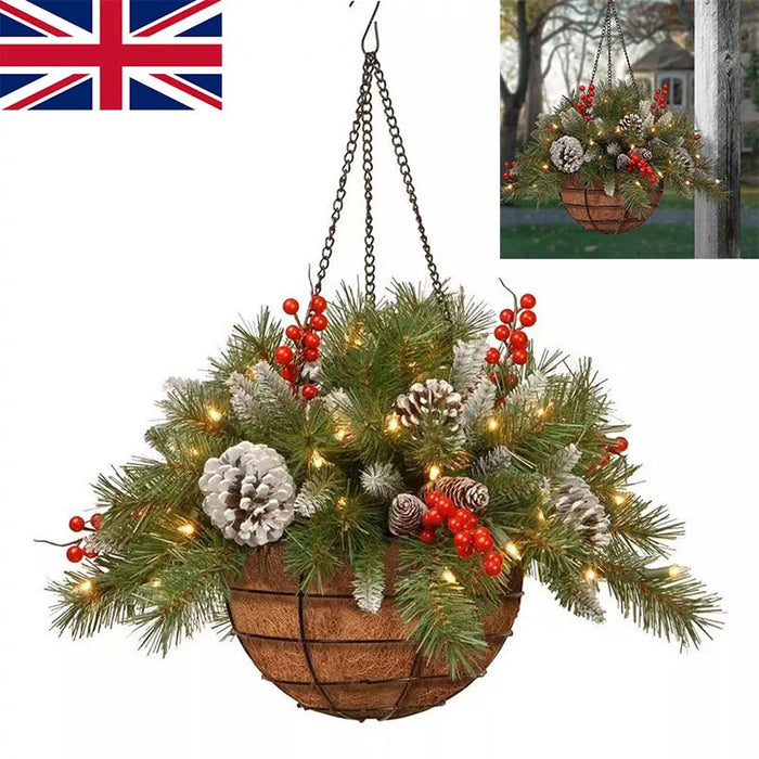 Pre-Lit Artificial Christmas Hanging Basket - Flocked with Mixed Decorations UK