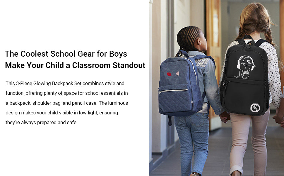Luminous School Backpack Set – 3-in-1 Glow-in-the-Dark Bag with Laptop Compartment & Accessories