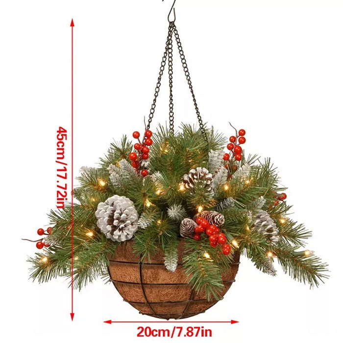 Pre-Lit Artificial Christmas Hanging Basket - Flocked with Mixed Decorations UK