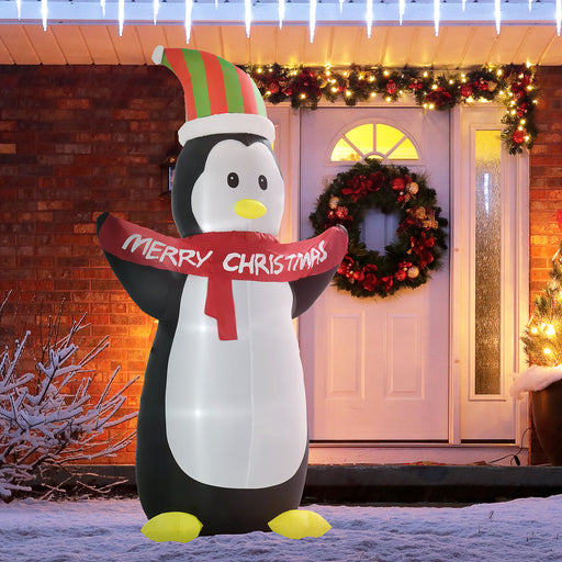 Tall 243cm inflatable Christmas penguin with LED lights and Santa hat