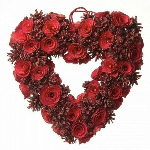 Heaven Sends Red Pinecone Rose Heart Christmas Wreath Front Door Decoration