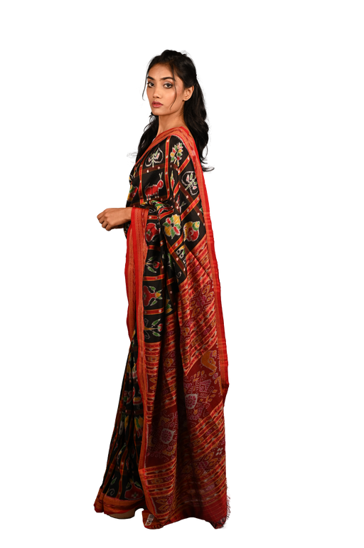  Handwoven Khandua Saree in mulberry silk and cotton with traditional temple motifs from Odisha