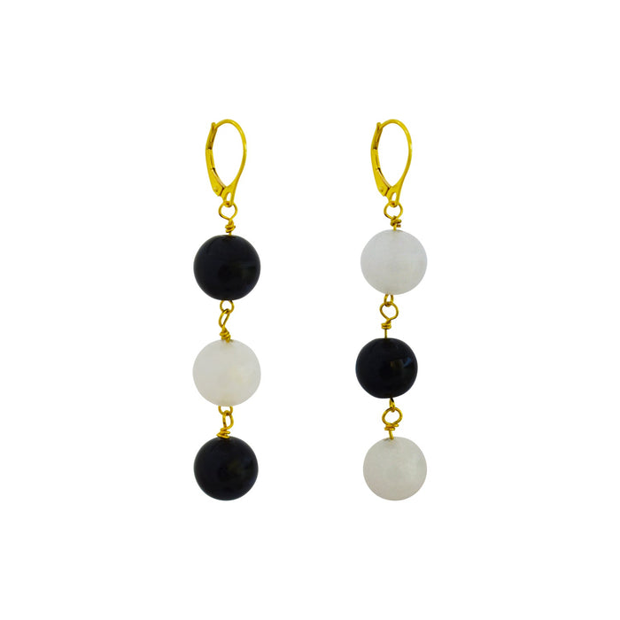 Handcrafted yellow gold vermeil earrings with white agate and black onyx gemstones
