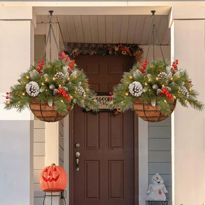 Pre-Lit Artificial Christmas Hanging Basket - Flocked with Mixed Decorations UK