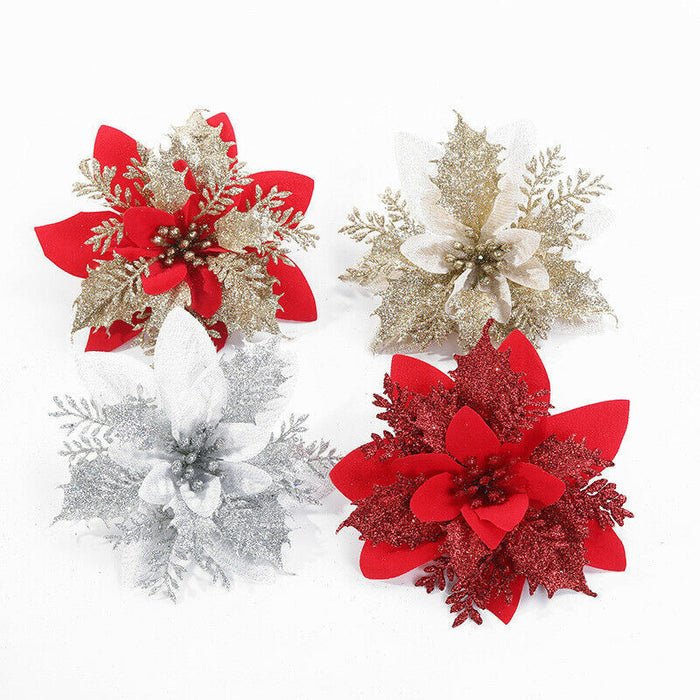 12 Pcs Christmas Large Poinsettia Glitter Flower Tree Hanging Party Xmas Decor