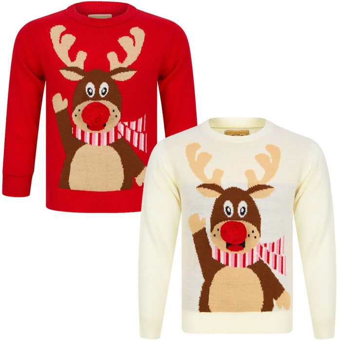 Kids Girls Christmas Jumper Waving Reindeer Pom Pom Nose Xmas Sweater Novelty