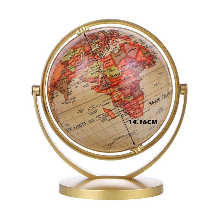Desktop 360-degree rotating world globe with gold frame and black base
