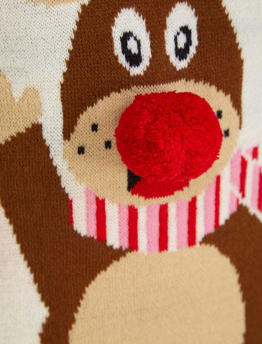 Kids Girls Christmas Jumper Waving Reindeer Pom Pom Nose Xmas Sweater Novelty