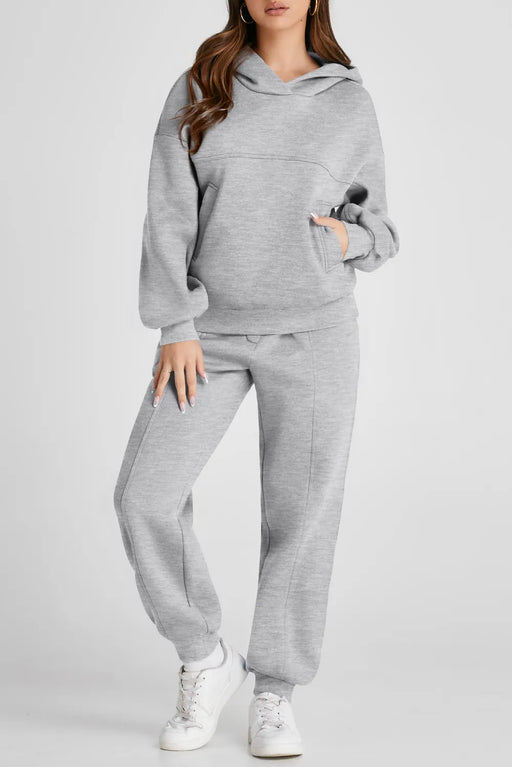 Two-piece cotton blend lounge set with dropped shoulder hoodie and matching pants