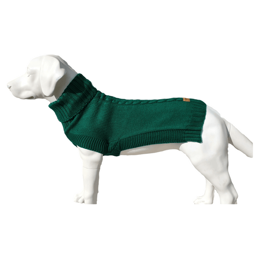 Green cable knit dog jumper for long-bodied breeds like Greyhounds, Whippets, and Dachshunds.