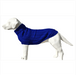 
A dog wearing a peacock blue cable knit jumper with a roll neck and leg sleeves