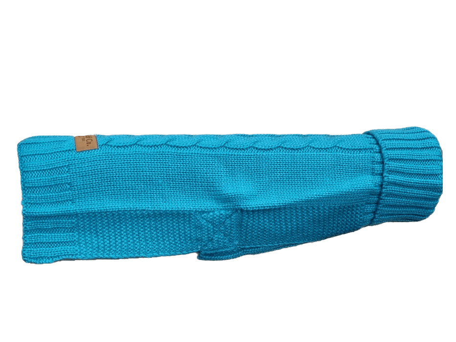 Peacock blue dog jumper with cable knit design and Lycra roll neck – ideal for Greyhounds and slim breeds

