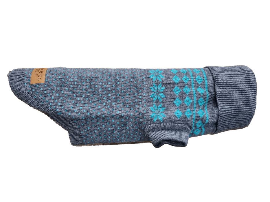 Teal Fair Isle dog jumper with leg socks for Christmas or winter wear

