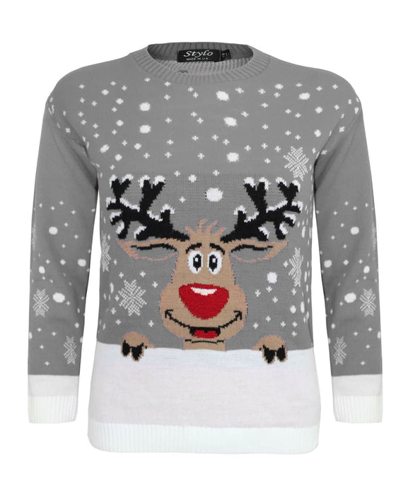 Kids Girls Boy Knitted Reindeer Christmas Rudolf Xmas Novelty Jumper Sweater Top