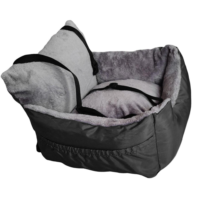 Washable dog car seat booster with safety leash in grey, perfect for secure pet travel and comfort


