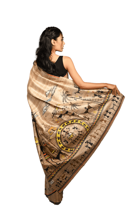 Tussar Silk Saree – Handwoven with Warli Tribal Art