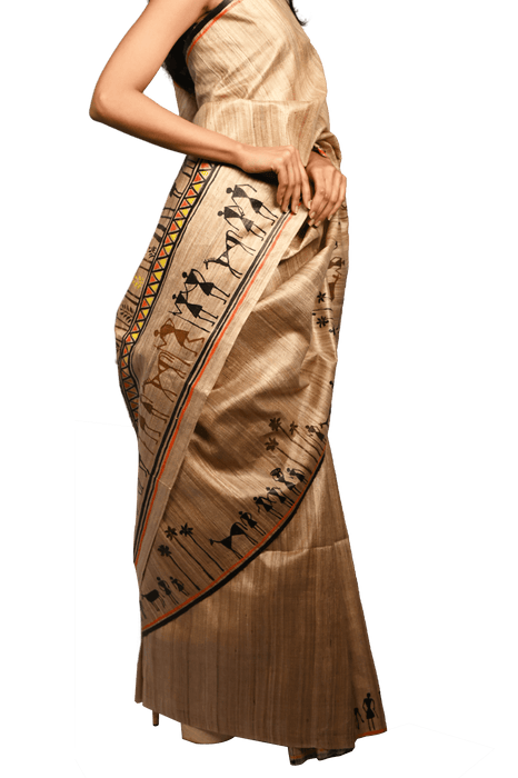 Tussar Silk Saree – Handwoven with Warli Tribal Art
