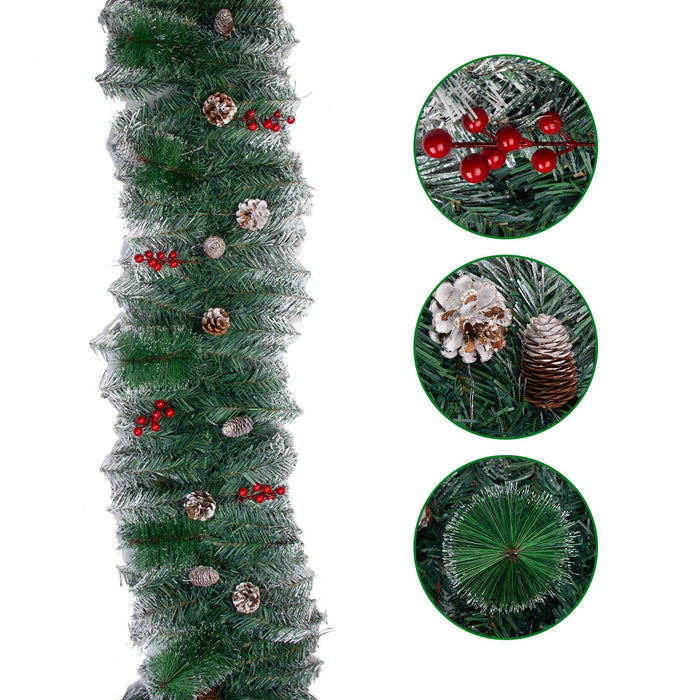9Ft Christmas Garland Snow Flocked with Lights Pinecones Berries Wreath Bushy