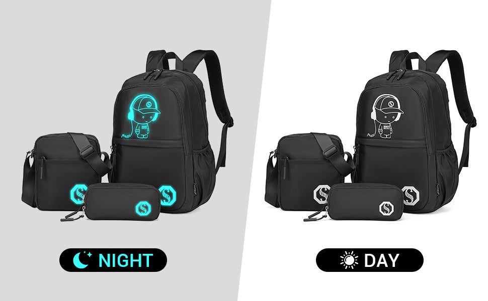 Luminous School Backpack Set – 3-in-1 Glow-in-the-Dark Bag with Laptop Compartment & Accessories