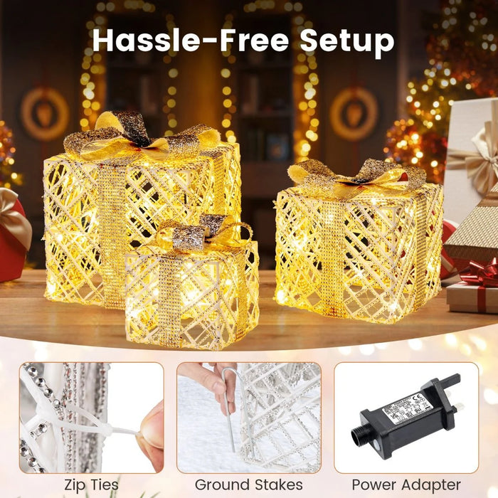 Set of 3 Christmas Lighted Gift Boxes with Bows and Ground Stakes