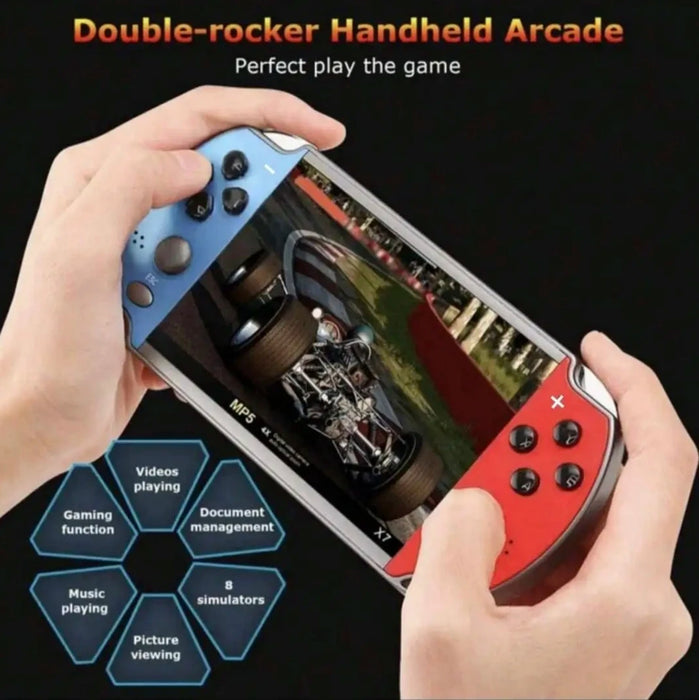 Handheld gaming console with 4.3-inch screen, 1000 built-in retro games, TV output, and dual control setup

