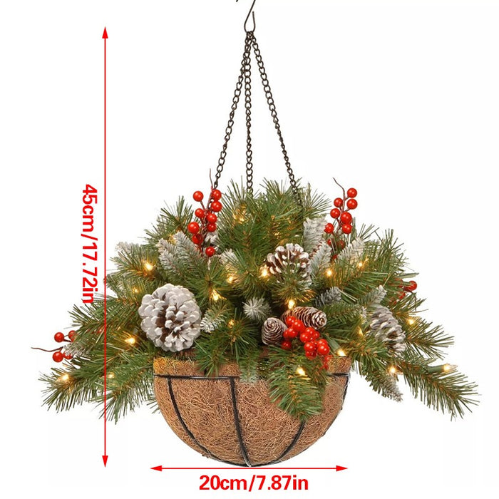 Pre-Lit Artificial Plants Hanging Basket Decorated with Berry Frosted Pine Cones