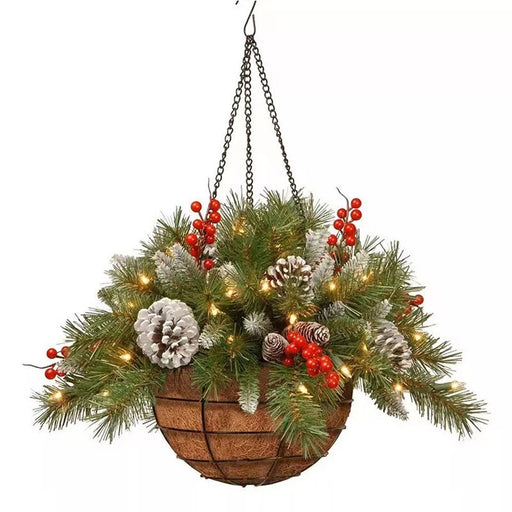 Pre-Lit Artificial Christmas Hanging Basket - Flocked with Mixed Decorations UK