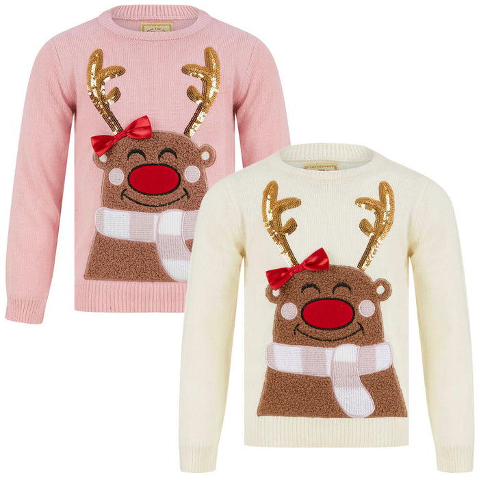 Kid'S Girl'S Christmas Jumper Sequin Reindeer Knitted Xmas Pullover Sweater Top