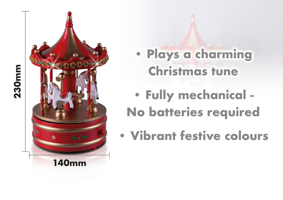 Mechanical Carousel Music Box Wooden Christmas Decoration Ornament Festive RED