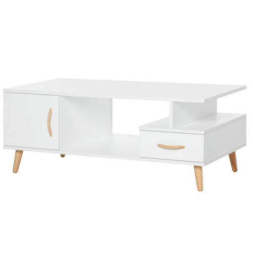 Two-tone modern coffee table with tapered legs and storage compartments