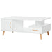 Two-tone modern coffee table with tapered legs and storage compartments