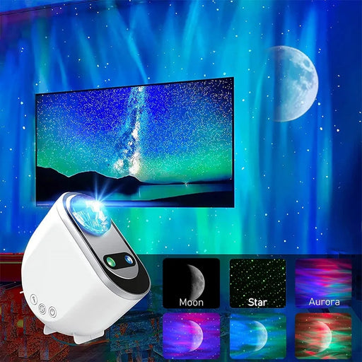 Aurora star projector lamp casting galaxy lights with moon and stars in a dark room