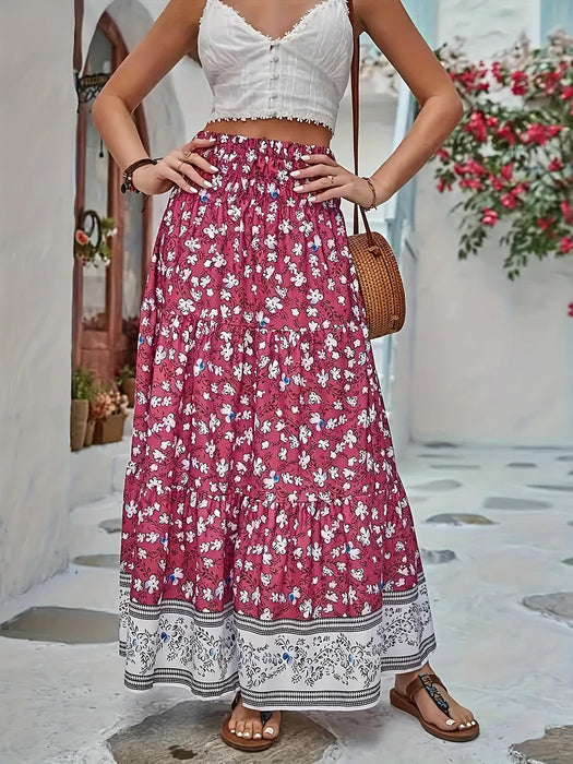 Boho printed ruched tiered skirt with elastic waist for women