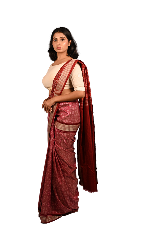 Handwoven Sambalpuri Ikat Saree with Shankha, Chakra, and Phula motifs in cotton and silk blend from Odisha