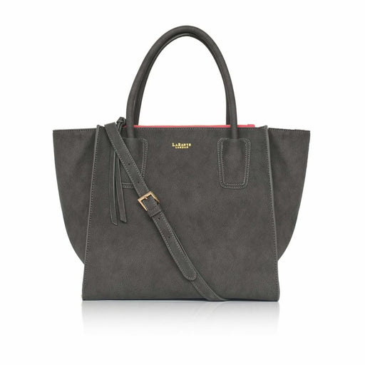 Grey vegan leather winged tote bag with gold hardware and recycled interior lining