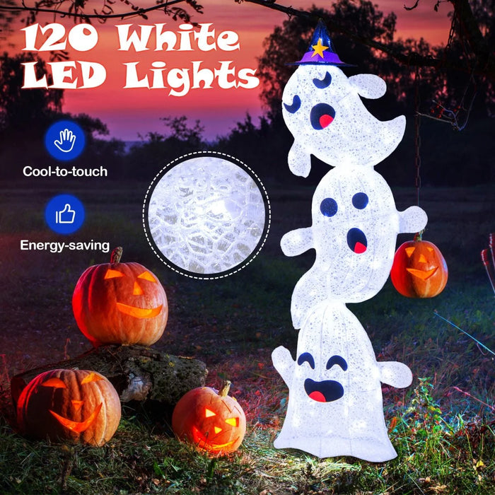 4 FT Lighted Stacked Ghosts with 120 LED Lights and 4 Metal Ground Stakes