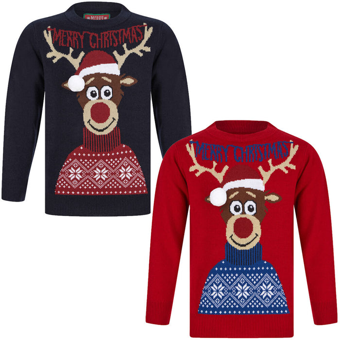 Kids Boys Christmas Jumper Reindeer 3D Pom Pom Xmas Sweater Pullover Novelty